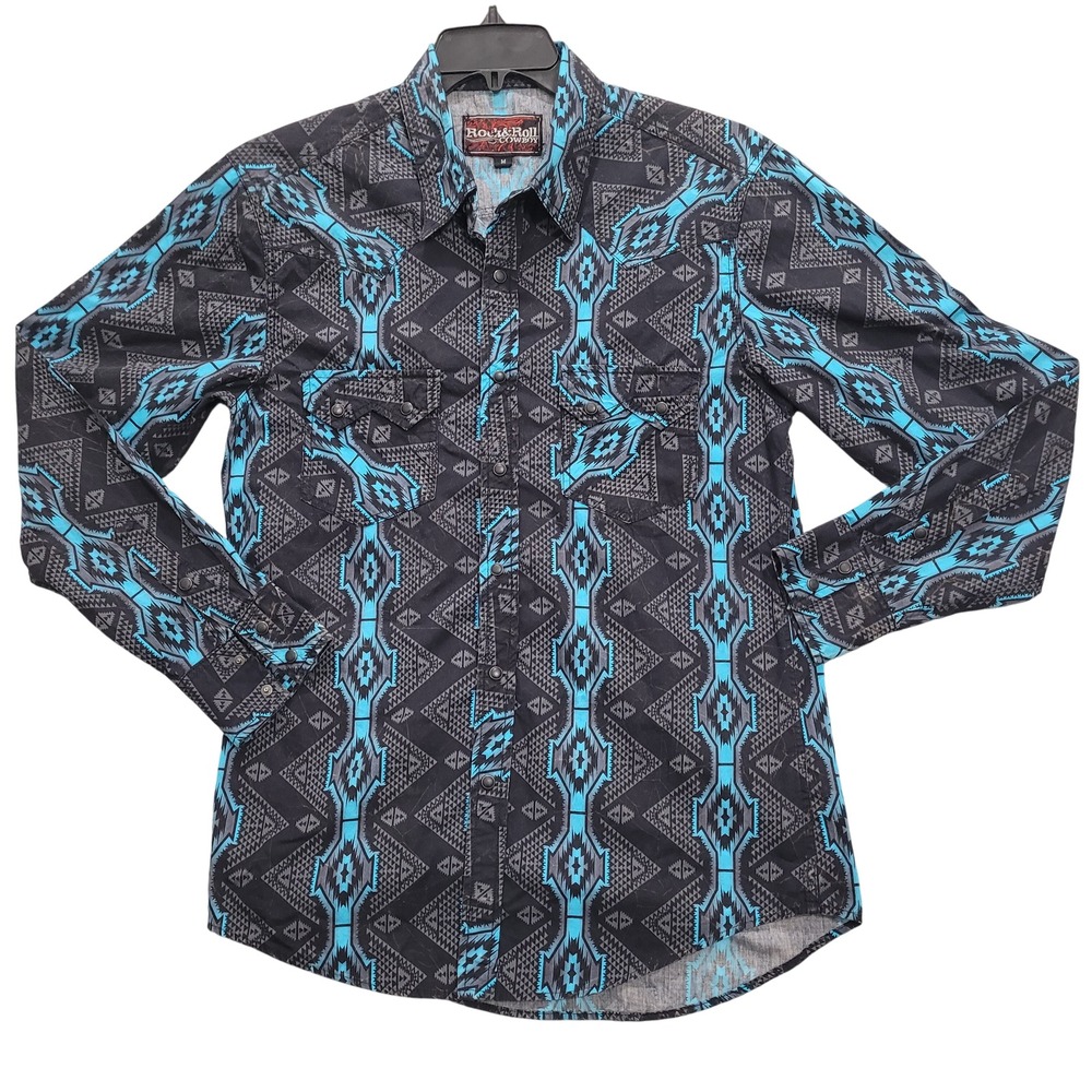 Rock and Roll Cowboy Mens Turquoise Black Aztec Geometric Western Snap Shirt M